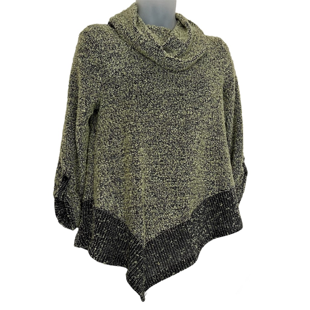 Women’s Long Green Sweater Cowl Neck Roll Tab Sleeves Size Small